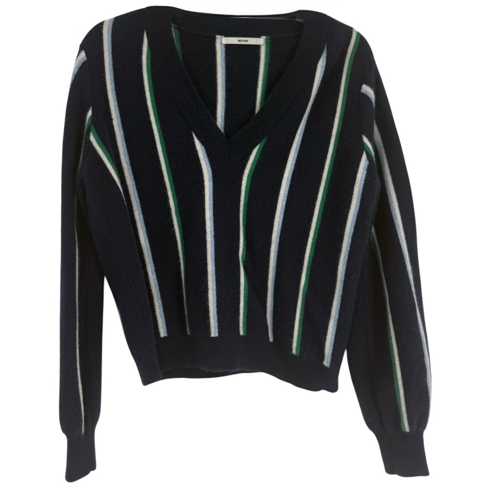 Becken Women’s Navy Striped Pullover Sweater Cashmere Size XL V-neck